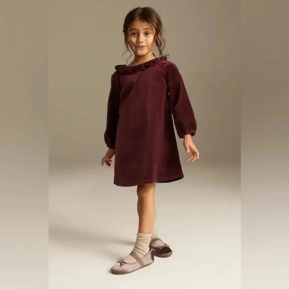 H&M kids girls velvet dress burgundy long sleeve holidays ruffles shift formal